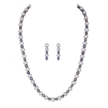 Elegant Zig-Top Freshwater Pearl Single Line Necklace Set (White & Grey) by KNK Jewellery